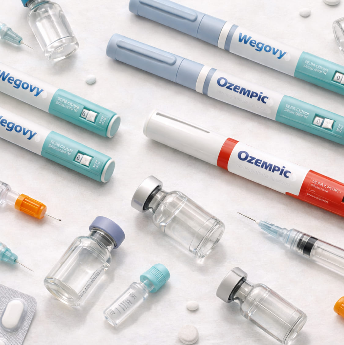 GLP-1 injection pens — Wegovy and Ozempic — alongside vials on a white surface